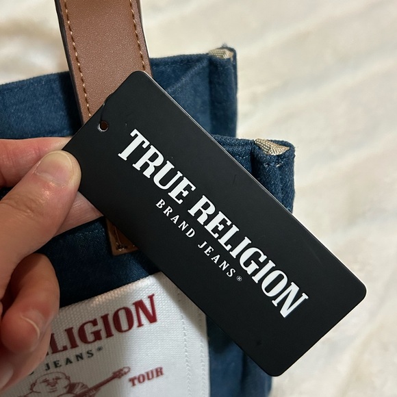 NWT True Religion Buddha Guitar Logo Denim Crossbody Mini Tote Dark Blue - Picture 3 of 14